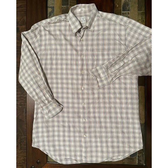 Peter Millar Mens Cotton White Check Long Sleeve Button Down LG Collared‎ Shirt - Picture 1 of 6